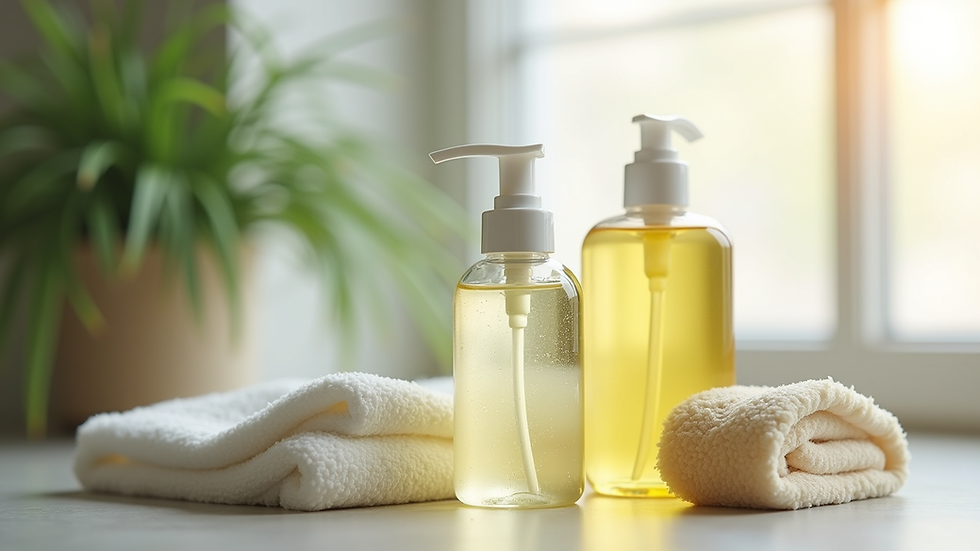 Close-up view of eco-friendly cleaning products arranged neatly