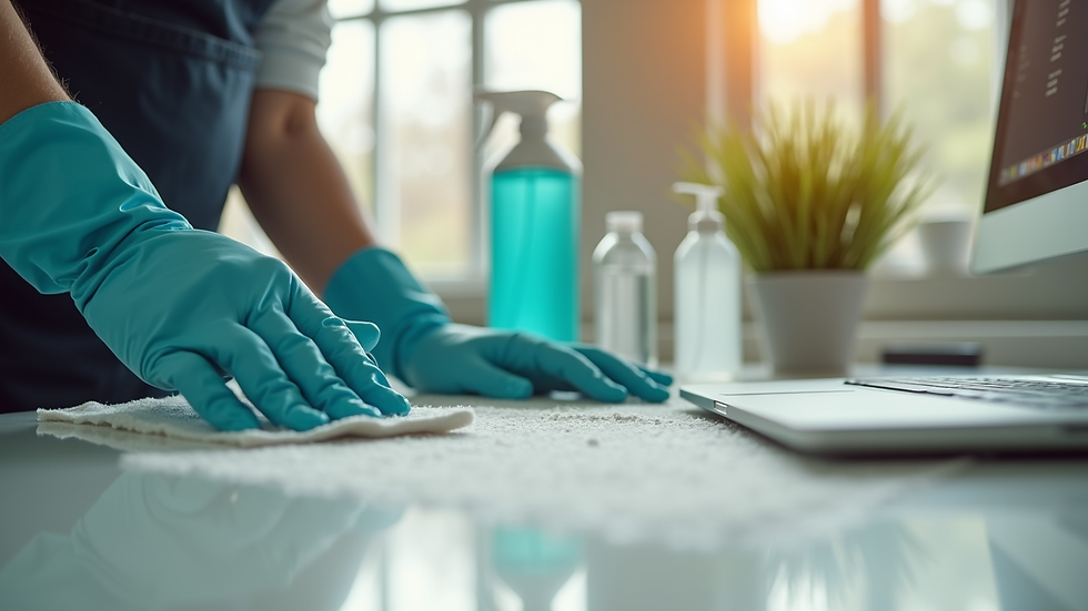 Close-up view of a cleaner disinfecting an office desk with eco-friendly products