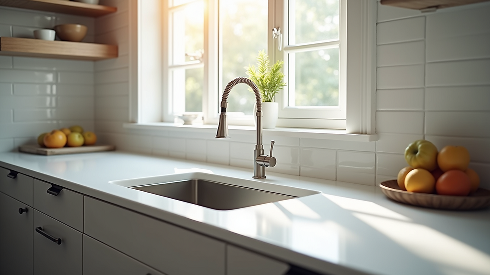High angle view of a clean kitchen countertop and sink