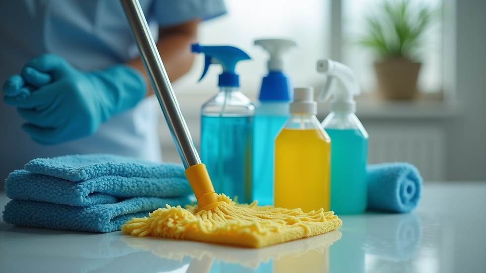 Close-up view of professional cleaning equipment and supplies