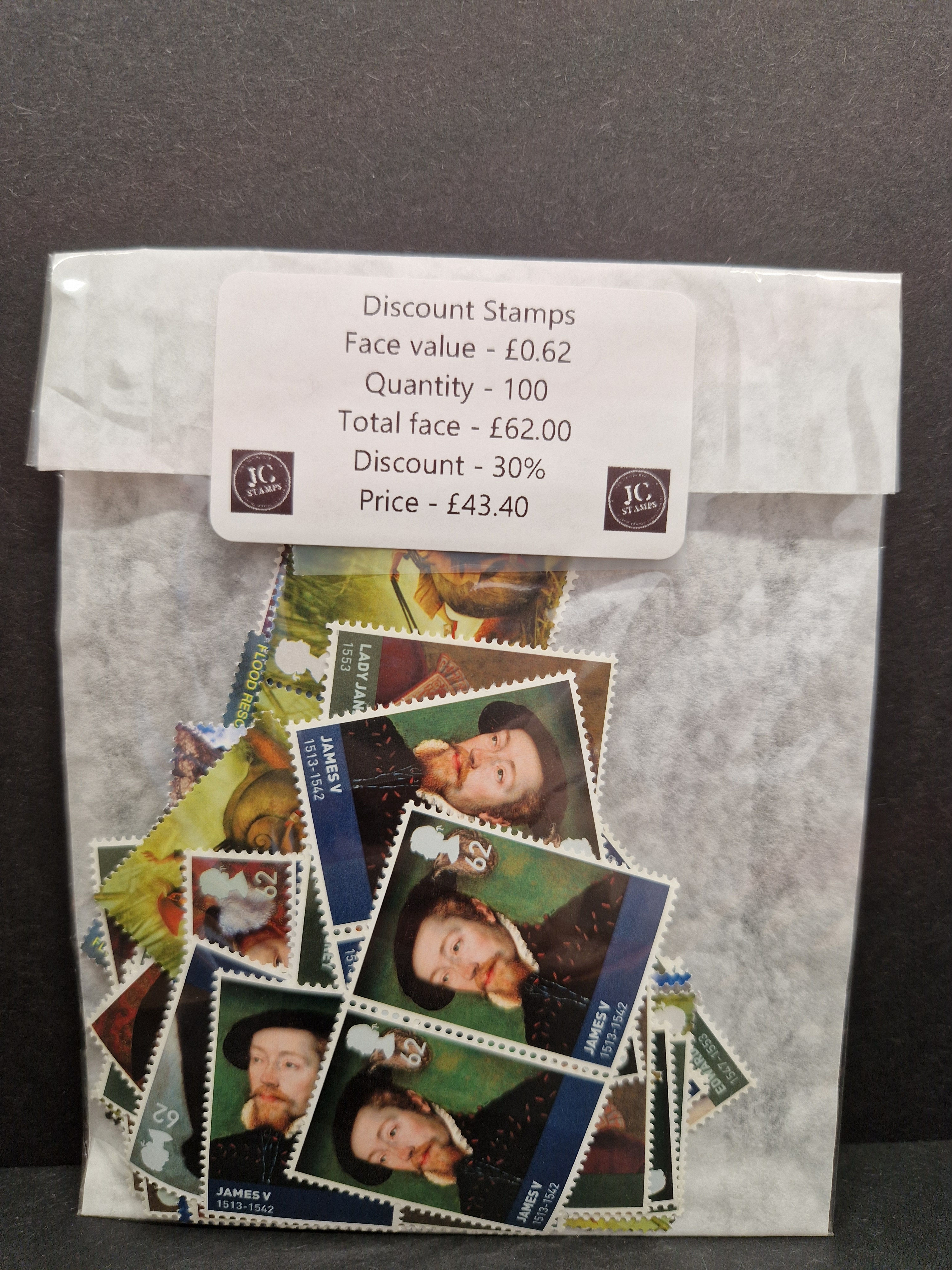 100 X 62p GB postage stamps at 30% discount.