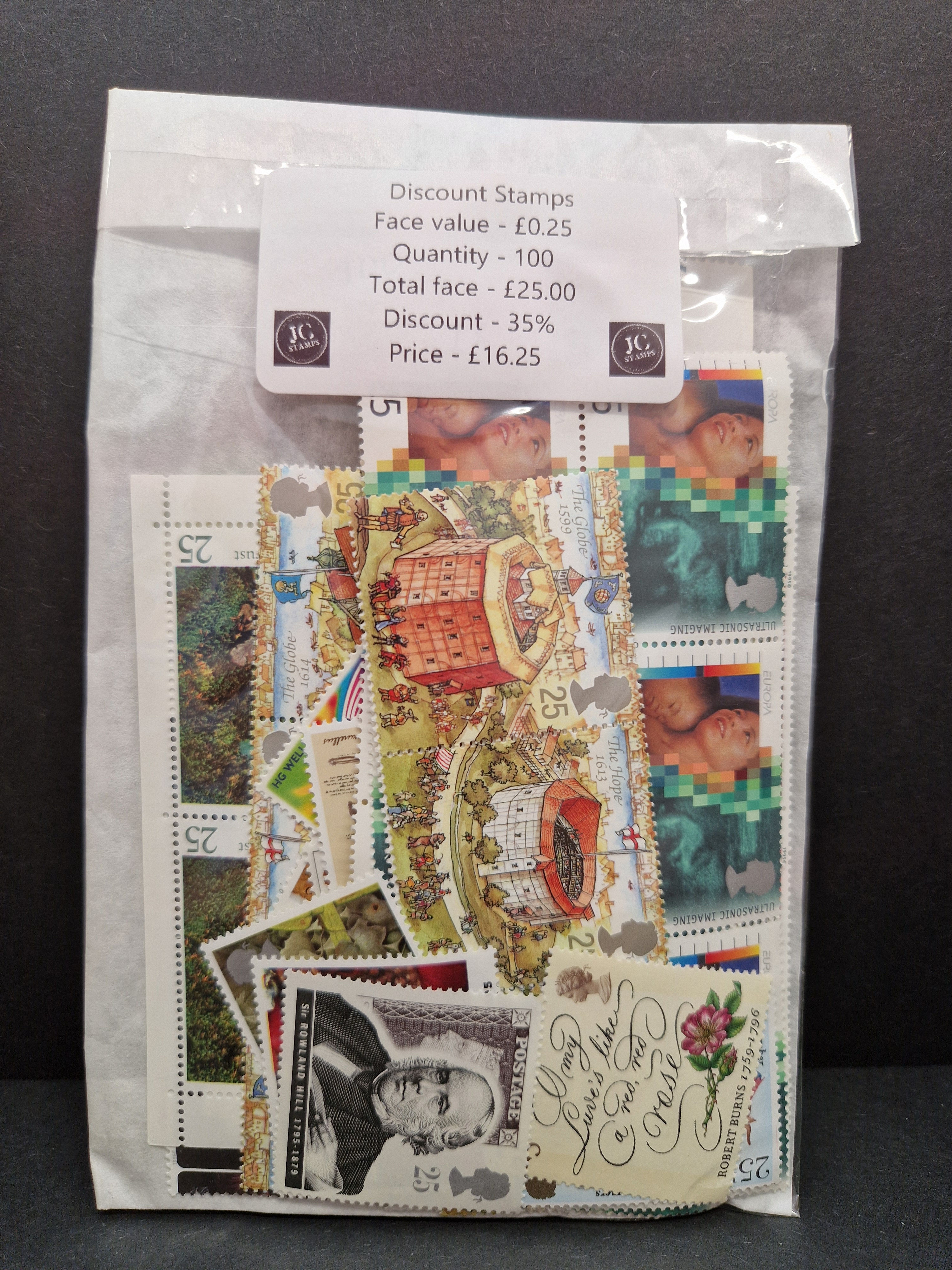 100 X 25p GB postage stamps at 35% discount.