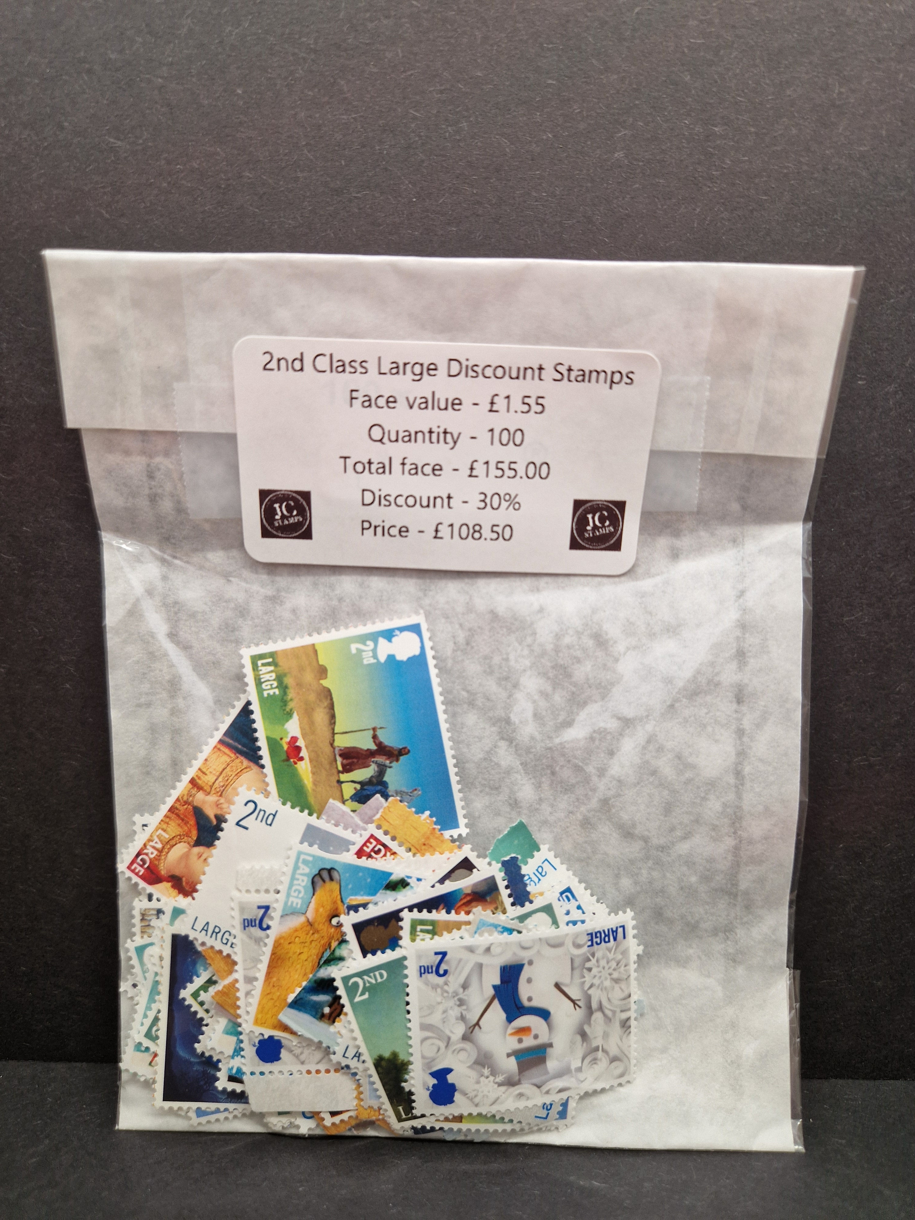 100 X 2nd class large commemorative stamps at 30% discount