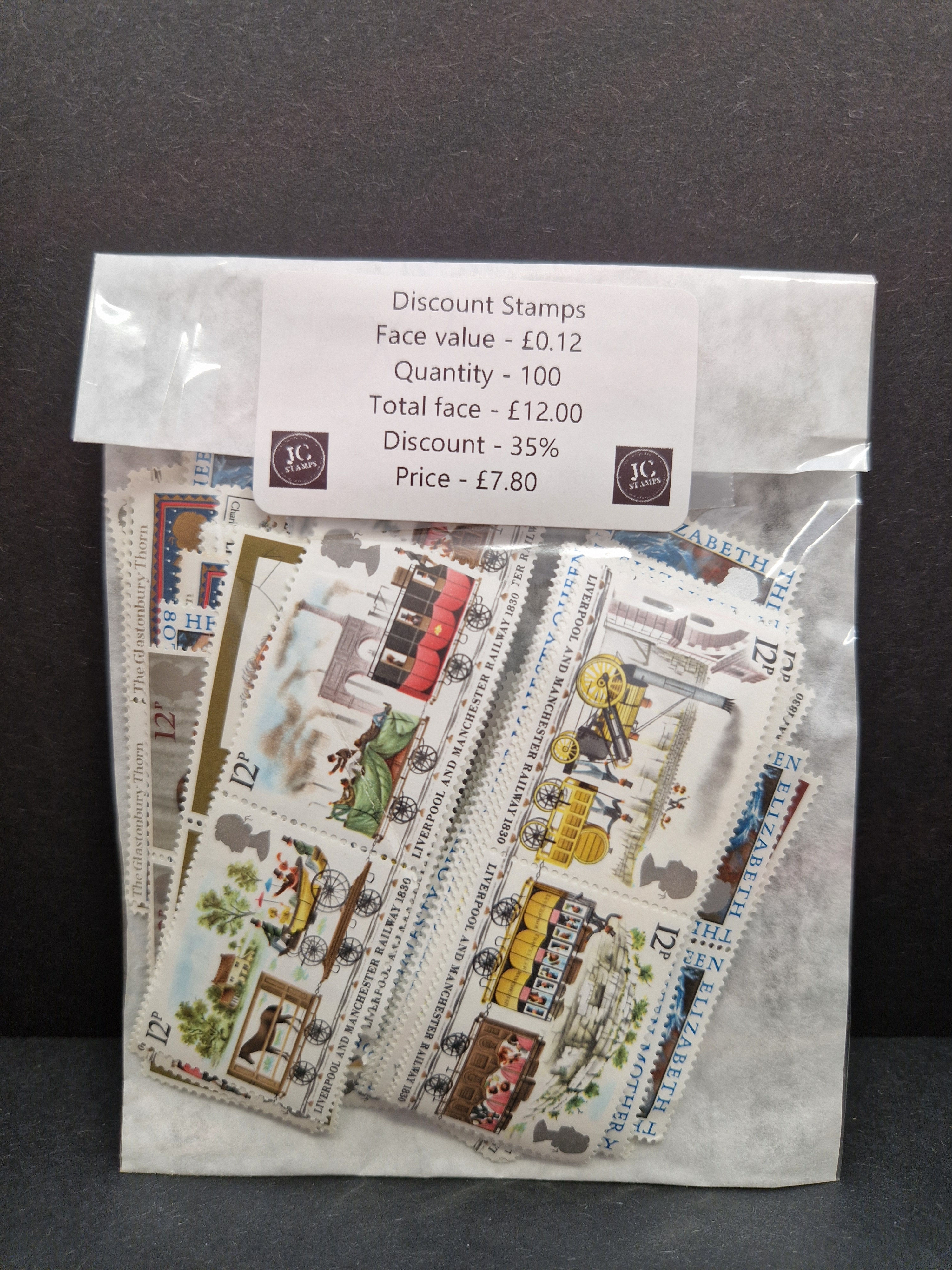 100 X 12p GB postage stamps at 35% discount.