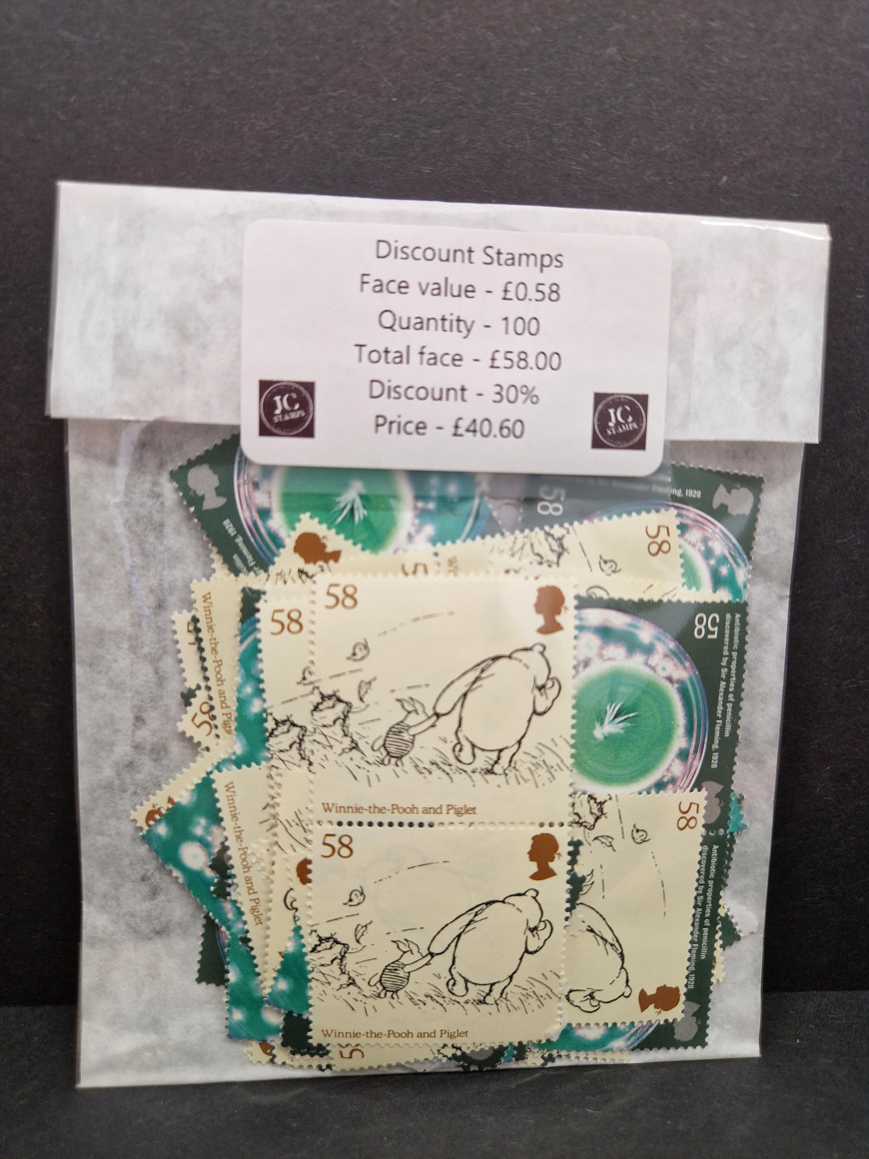 100 X 58p GB postage stamps at 30% discount.