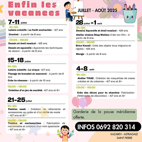 Programme des stages de vacances juillet/août 2025