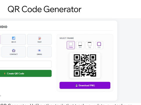 QR CODE GENERATOR Studio with generate button and a qr code is displayed as an example