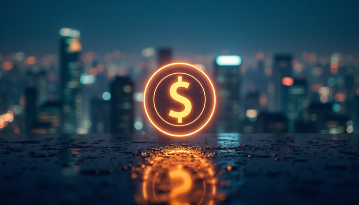 Eye-level view of a digital token symbol glowing over a futuristic cityscape