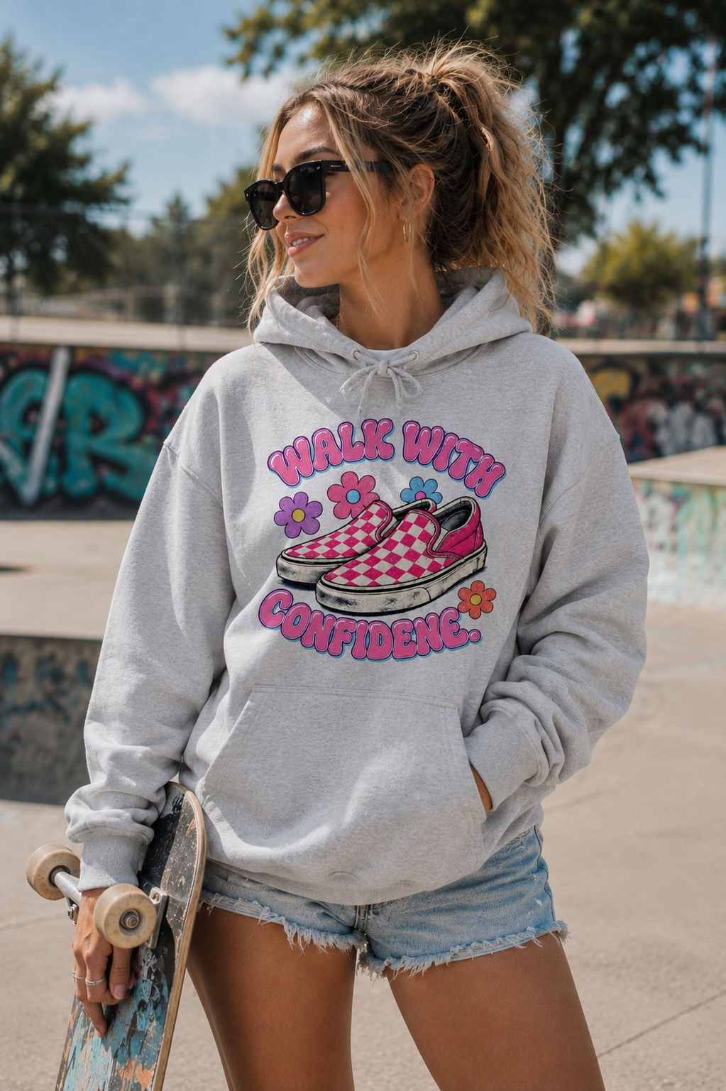 Walk With Confidence Retro Skater Hoodie duct Description