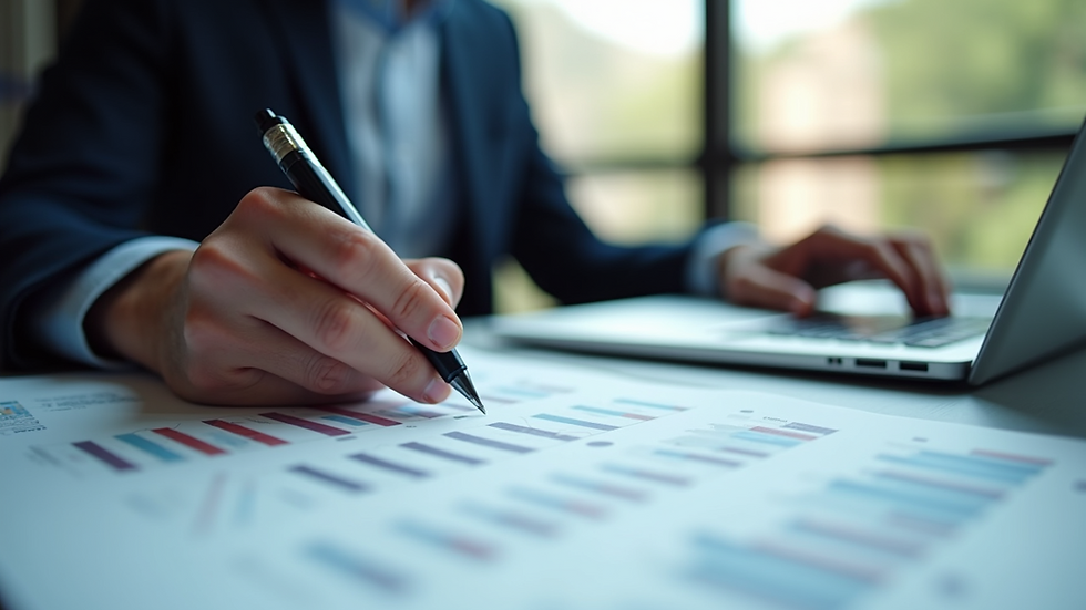 Eye-level view of a business consultant analyzing financial data
