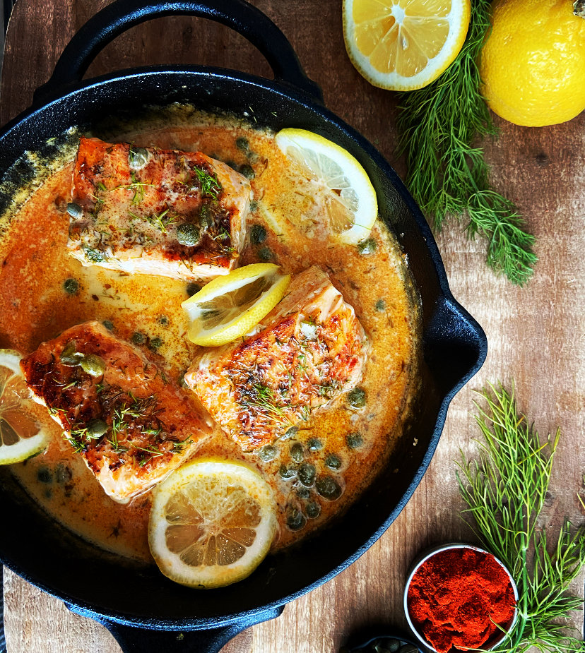 Crispy Skillet Salmon with Lemon Caper Dill Sauce