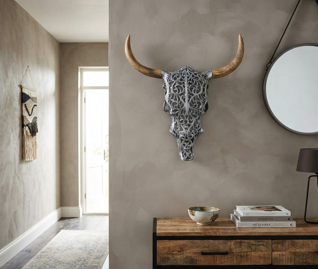 Aluminium and Wood Tribal Bison Wall Head