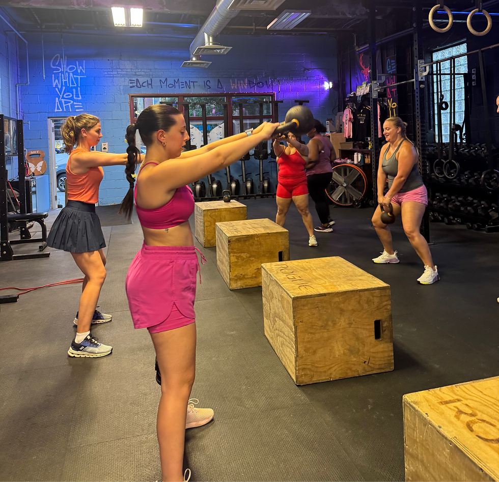 women's fitness event showing women swining kettlbells at a crossfit gym having fun