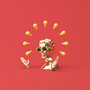 A golden mannequin bust wearing sunglasses, surrounded by a halo of floating light bulbs, set against a red background.
