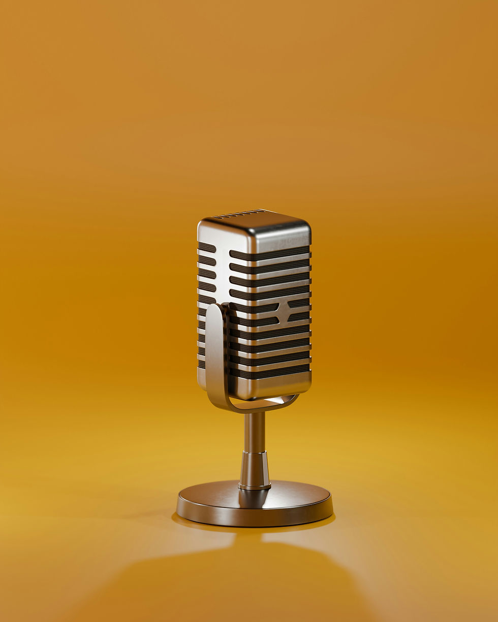 A close-up, rendered image of a vintage-style silver and chrome microphone on a matching stand, set against a solid orange-yellow background.