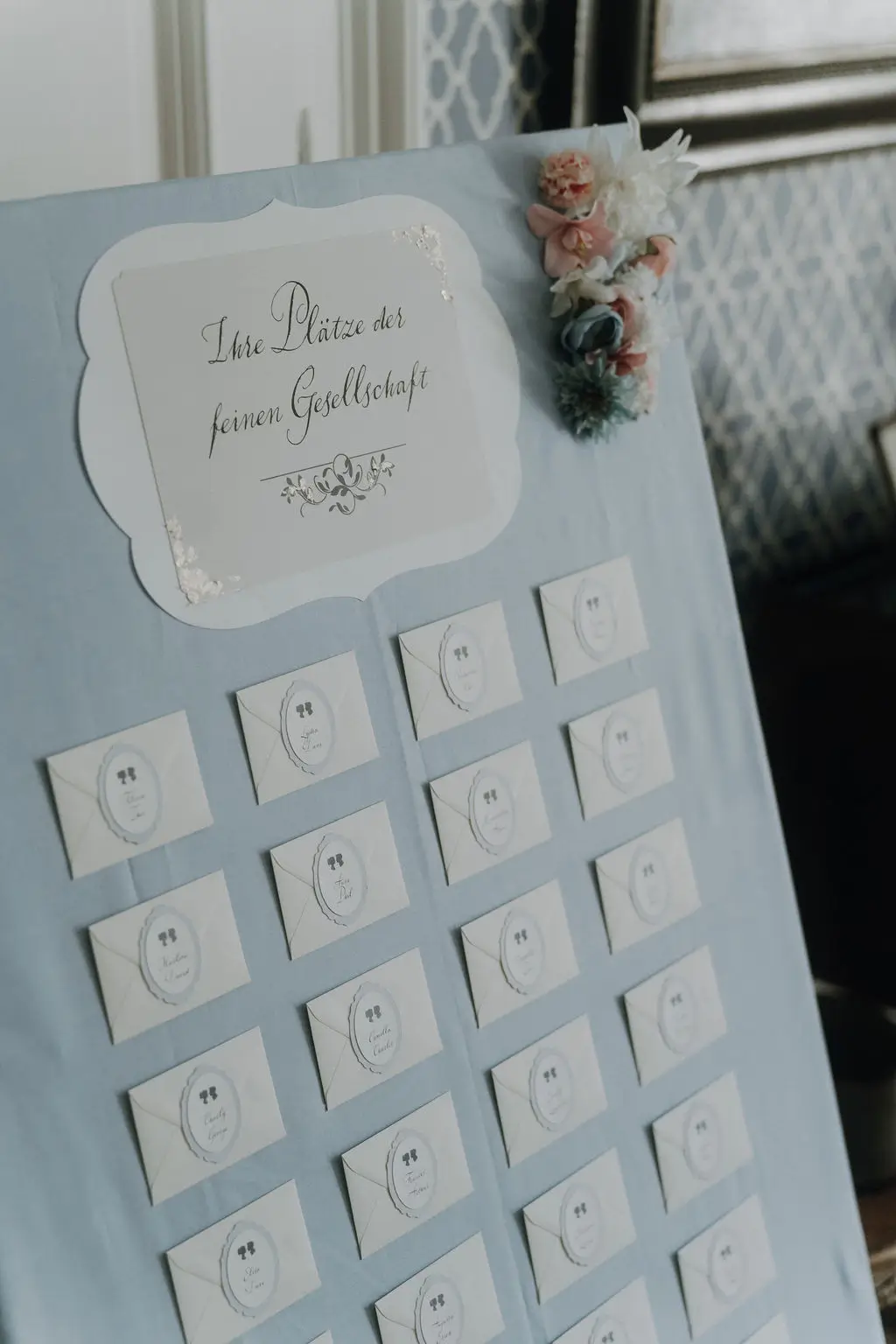 Sitzplan als Leinwand in hellblau mit Briefumschlägen und Logo des Paares für jeden Gast