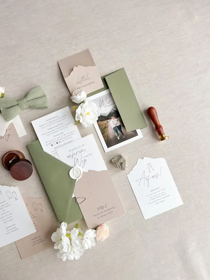 Hochzeitseinladung mit Farben und Worten, die die Verbindung des Paares zeigen