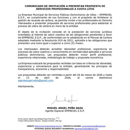 INVITACIÓN A PRESENTAR PROPUESTA DE SERVICIOS PROFESIONALES A CUOTA LITIS