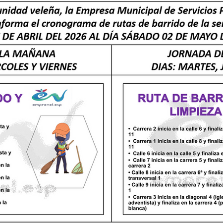 CRONOGRAMA RUTAS DE BARRIDO DEL DÍA LUNES 27 DE ABRIL DEL 2026 AL DÍA SÁBADO 02 DE MAYO DEL AÑO 2026