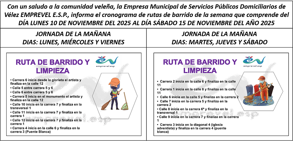 CRONOGRAMA RUTAS DE BARRIDO DEL DÍA LUNES 10 DE NOVIEMBRE DEL 2025 AL DÍA SÁBADO 15 DE NOVIEMBRE DEL AÑO 2025