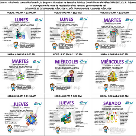 CRONOGRAMA RUTAS DE RECOLECCIÓN DEL DÍA LUNES 29 DE JUNIO DEL 2026 AL DÍA SÁBADO 04 DE JULIO DEL AÑO 2026