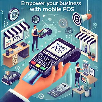 A portable card reader connected to a smartphone, with a person accepting payments in a small business setting. The image emphasizes the convenience, flexibility, and mobility of mobile point-of-sale (mPOS) systems, with vibrant colors and modern design.