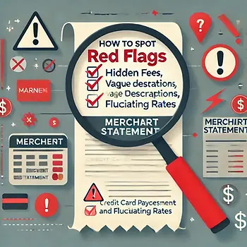 Image showing a magnifying glass highlighting red flags on a merchant statement, such as hidden fees, vague descriptions, and fluctuating rates. Icons of warning signs, exclamation points, and dollar signs emphasize potential issues in credit card payment processing fees.