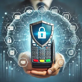A shield protecting a payment terminal, surrounded by digital security icons, symbolizing PCI compliance and trust in protecting businesses from data breaches.