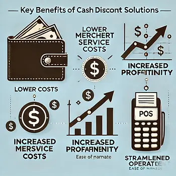 An infographic showcasing Wingman Payments key benefits of cash discount solutions for businesses. It highlights three main points: lower merchant service costs with a wallet and dollar symbol, increased profitability with an upward-trending graph, and streamlined operations represented by a POS terminal. The design is clean and professional, emphasizing business advantages.