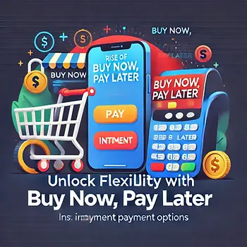 An image showing a mobile phone with a 'Buy Now, Pay Later' payment option alongside a shopping cart icon and installment payment symbols, emphasizing the flexibility of BNPL services.