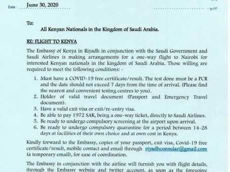 Attention All Kenyans In Saudi Arabia - Arrangement For A One-Way Flight To Kenya (Document)