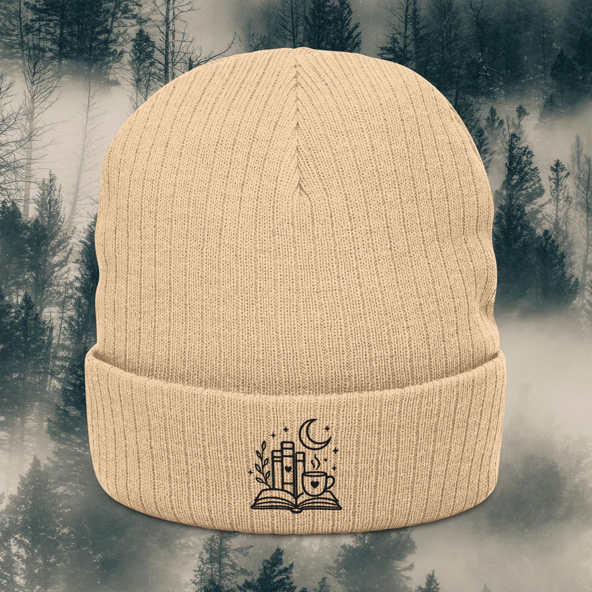 Embroidered Moon & Book Ribbed Beanie — Cozy Literary Winter Hat