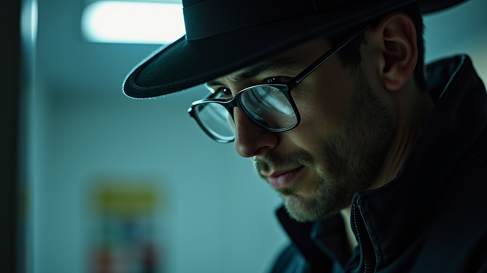 Close-up view of a detective examining evidence at a crime scene