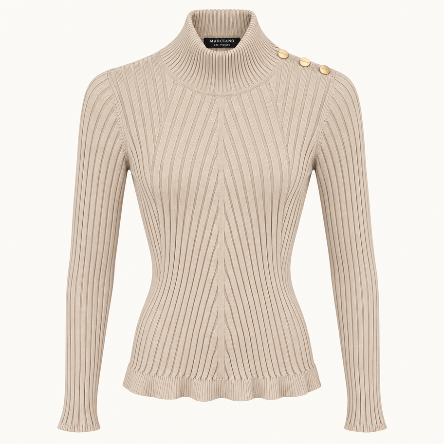 Marciano Los Angeles beige ribbed turtleneck sweater front view