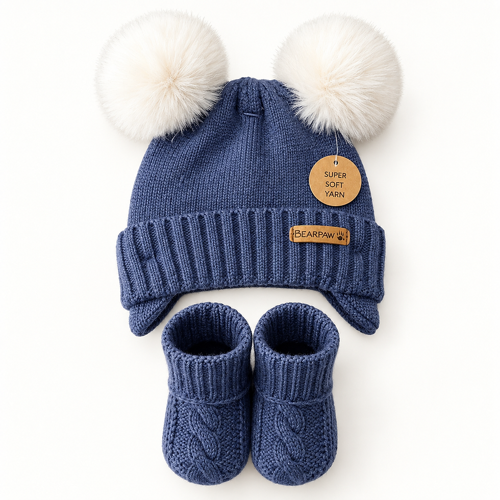 BEARPAW blue knit baby hat with white pom-poms and matching booties