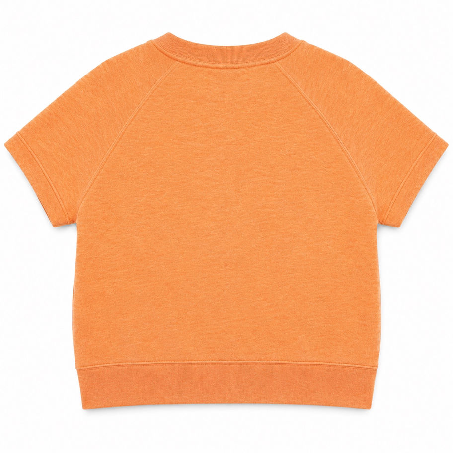 Back view of peach heather Nike short-sleeve fleece sweatshirt