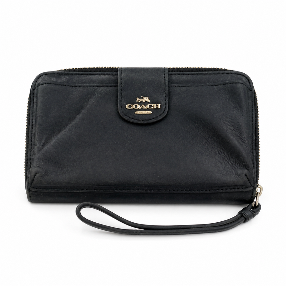Coach Madison black leather wristlet wallet front view