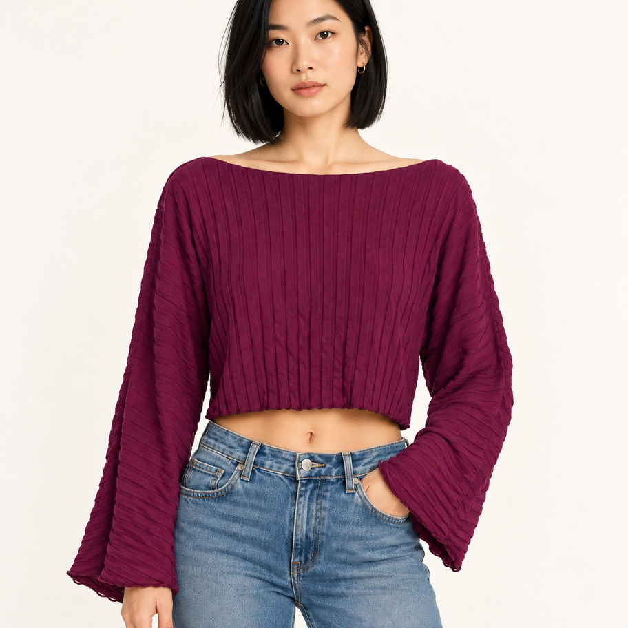 AI model wearing Simon Miller | Ribbed Bell Sleeve Crop Top | M