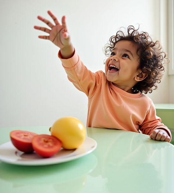 child happily reaching for food