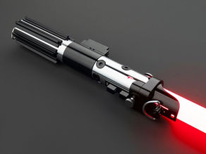 Close-up of a Darth Vader Lightsaber Replica with a glowing red blade and black‑ridged hilt inspired by the original Star Wars movies, photographed on a dark background