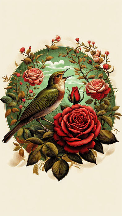 A imagem deve retratar o rouxinol cantando ao lado de uma roseira, com uma rosa vermelha começando a florescer. Deve haver uma atmosfera de sacrifício e beleza, com uma paleta de cores que inclua tons de vermelho, verde e dourado. Estilo: ilustração digital poética, inspirada em arte romântica.