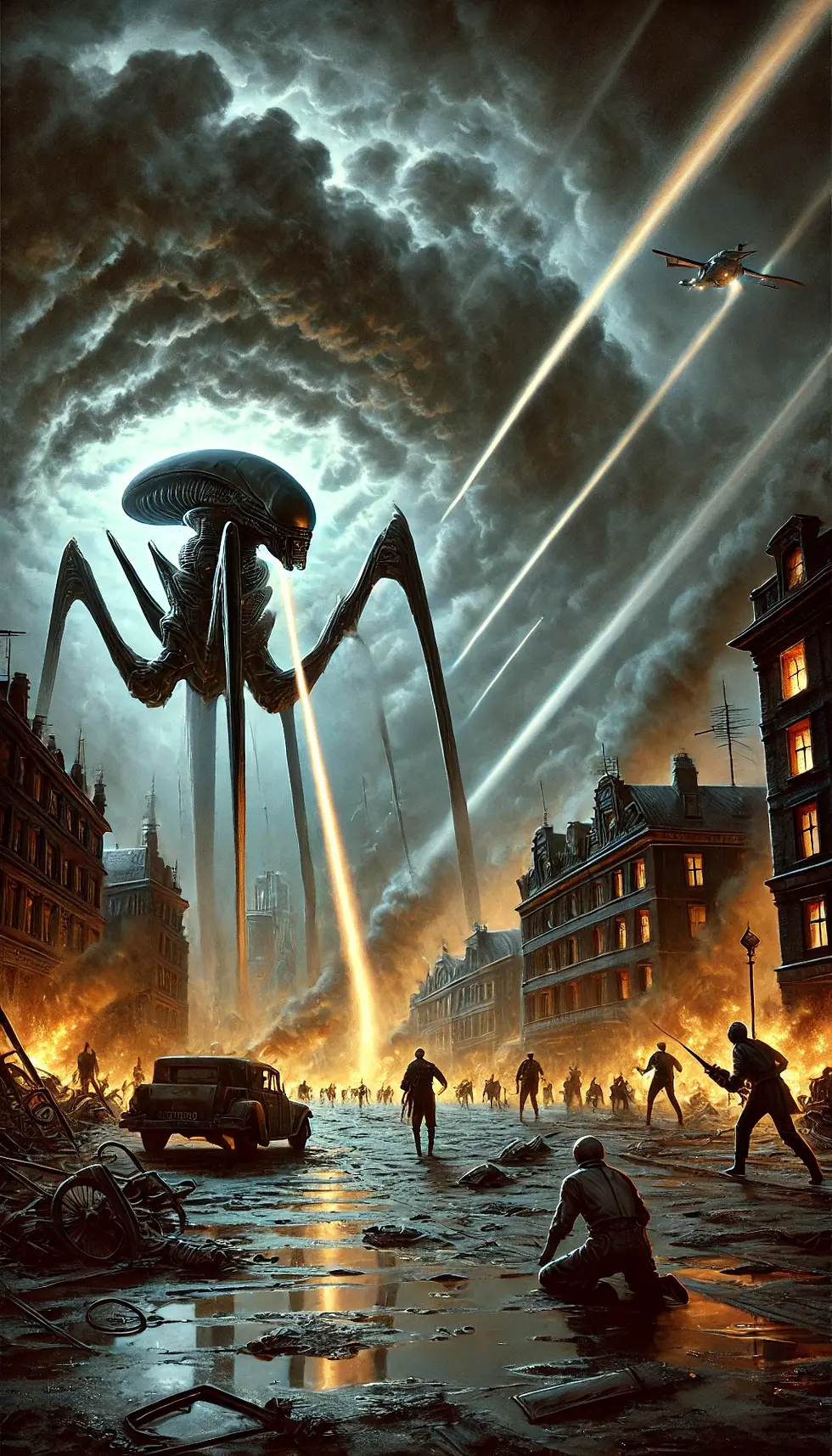 Uma máquina alienígena colossal com longas pernas de tripé avança em uma cidade em chamas, disparando raios destrutivos em meio a prédios em ruínas. O céu está coberto de fumaça densa e nuvens escuras, enquanto pessoas correm em pânico ao fundo, tentando escapar do ataque. A atmosfera transmite desespero e caos, destacando o poder avassalador dos invasores e a fragilidade humana.