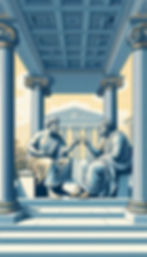A imagem deve mostrar Sócrates e Eutífron em uma discussão animada no pórtico de um templo ateniense. Paleta de cores: tons de branco, azul e dourado. Estilo: ilustração digital filosófica, inspirada em arte clássica.