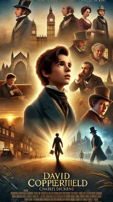 Um pôster de filme épico e dramático inspirado no livro ""David Copperfield"" de Charles Dickens. A cena central mostra David Copperfield, em sua juventude, observando a distância com esperança e determinação. Ao fundo, várias fases de sua vida são representadas em um cenário que vai da casa humilde de sua infância à agitada Londres vitoriana. A iluminação suave e as cores ricas realçam o crescimento pessoal e as adversidades superadas. A paleta de cores inclui tons de marrom, dourado e azul para capturar a essência histórica e emocional da história.