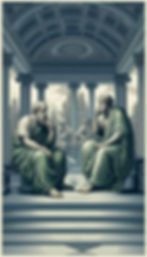 A imagem deve retratar Sócrates e Menexeno em um ambiente solene, talvez em um cemitério ou pórtico, discutindo a importância dos discursos. Paleta de cores: tons de cinza, verde e azul. Estilo: ilustração digital introspectiva, inspirada em arte renascentista.