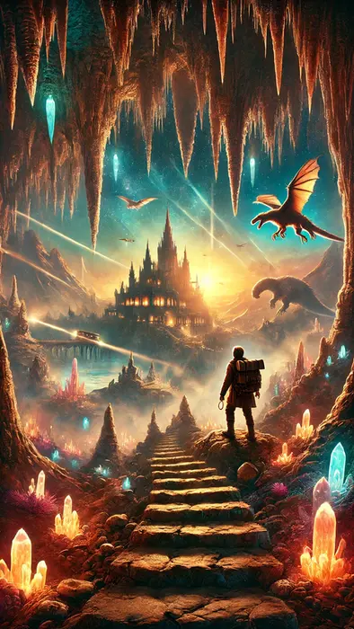Ilustração artística de fantasia mostrando um explorador descendo em um vasto mundo subterrâneo com estalactites e estalagmites gigantes, um lago subterrâneo iluminado por cristais brilhantes e criaturas pré-históricas ao fundo. A imagem tem um toque mágico e misterioso, lembrando um pôster de filme de aventura.