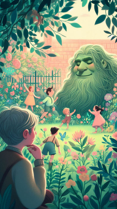 A imagem deve retratar o gigante egoísta observando crianças brincando em seu jardim que começa a florescer. Deve haver uma atmosfera de transformação e alegria, com uma paleta de cores que inclua tons de verde, rosa e azul. Estilo: ilustração digital suave, inspirada em livros infantis.