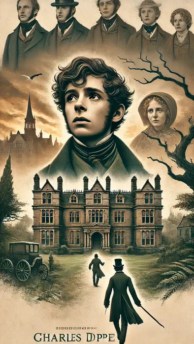 Um pôster de filme vitoriano e emocional inspirado no romance 'Grandes Esperanças' de Charles Dickens. A cena central mostra Pip, com uma expressão de esperança e determinação, em pé diante de uma mansão imponente e decadente. Ao fundo, elementos da era vitoriana, como árvores antigas e um céu nublado, adicionam profundidade à cena. A paleta de cores inclui tons de marrom, verde e cinza, capturando a atmosfera de crescimento e transformação. Sem texto ou letras na imagem.
