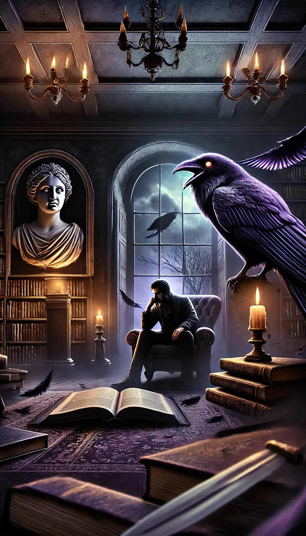 "Um pôster de filme sombrio e gótico inspirado no poema 'O Corvo' de Edgar Allan Poe. A cena central mostra um homem solitário em uma biblioteca escura, com um corvo sinistro pousado no busto de Atena acima da porta. A iluminação dramática cria sombras profundas, realçando a expressão melancólica do homem. O corvo, com olhos brilhantes, parece vivo e ameaçador. Ao fundo, a noite escura e tempestade são visíveis através de uma janela, intensificando a atmosfera de mistério e terror. A paleta de cores inclui preto, cinza, roxo e toques de dourado para destacar elementos específicos."