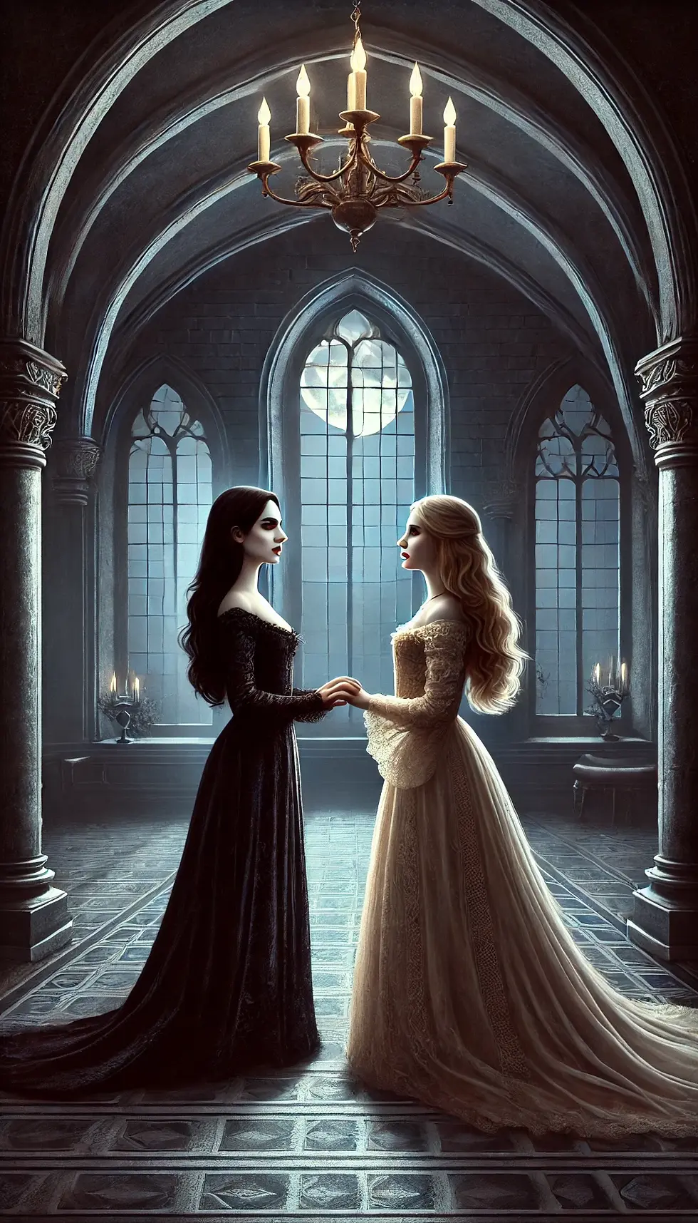 Carmilla, em um vestido longo e escuro, segura suavemente a mão de Laura, que veste um vestido claro, enquanto ambas se olham intensamente dentro de um antigo castelo. A luz da lua entra pelas altas janelas góticas, criando contrastes de luz e sombra, transmitindo uma atmosfera sombria e romântica.